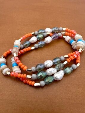 Marlyn Schiff Multi Strand Stretch Bracelet Pearl Coral Crystal Beaded